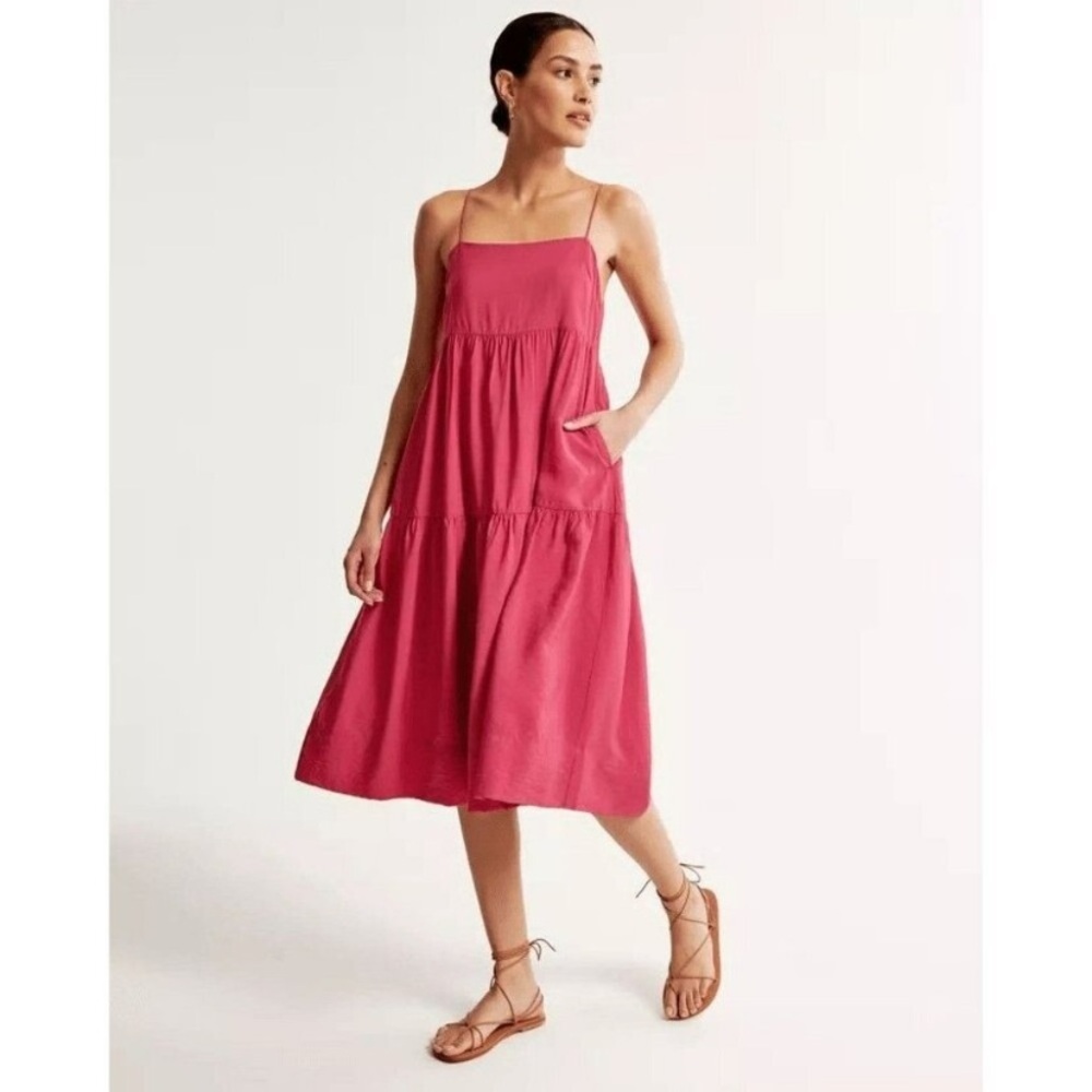Abercrombie & Fitch Tiered Trapeze Midi Dress in Cherry Pink L